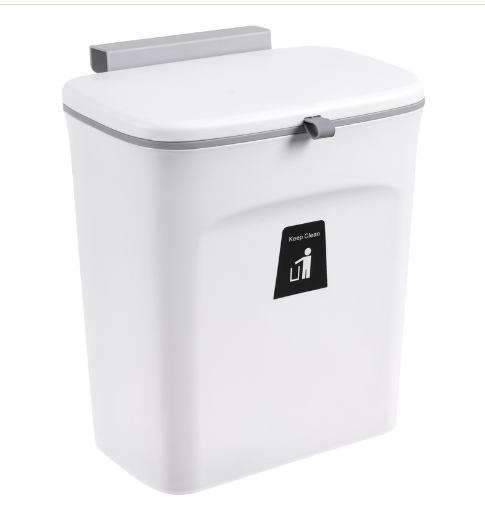 Push-Top Trash Can for Kitchen & Cabinet, 7L Hanging Waste Bin with Flip Lid, Hook, Scraper & Traceless Sticker — White / Gray / Cream