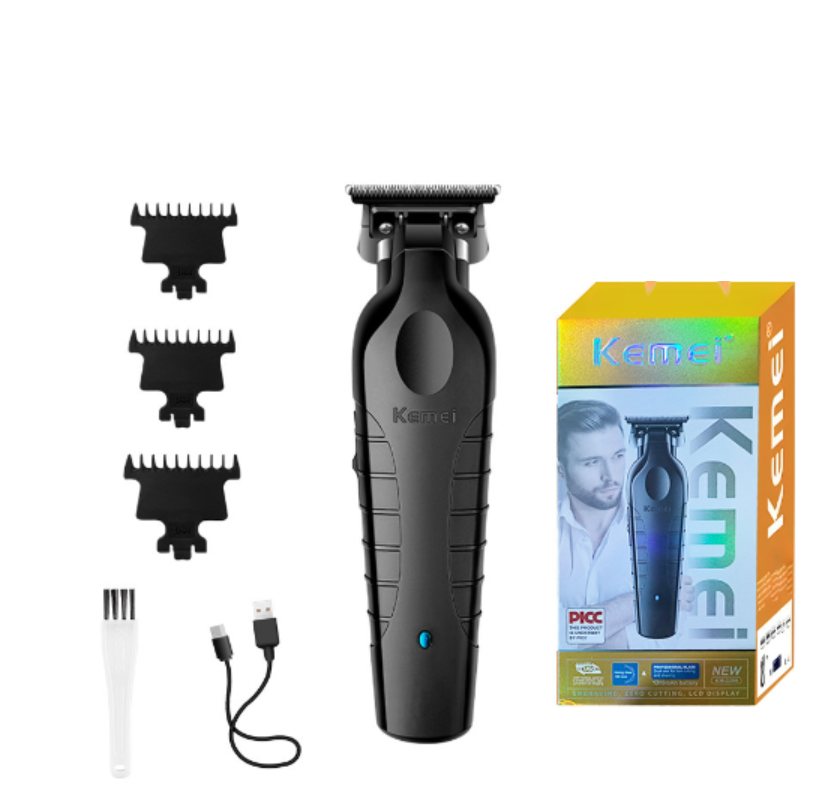 Kemei KM-2299 cordless hair clipper set with guard combs, cleaning brush, USB cable and retail box